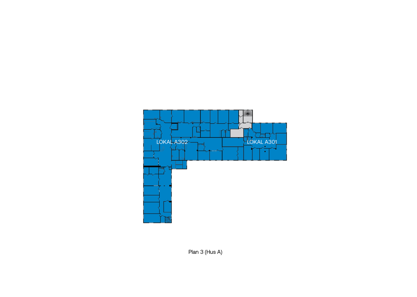 Planritning märkt Plan 3 (Hus A) som visar två huvudområden markerade som LOKAL A302 och LOKAL A301, med omgivande rum blåmarkerade.