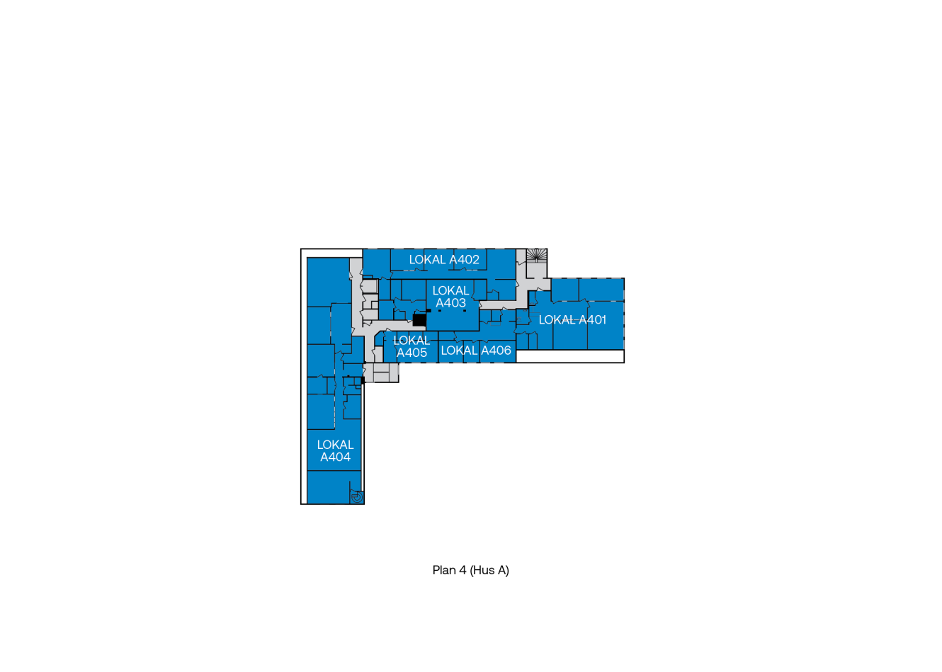 Planritning märkt Plan 4 (Hus A) som visar rummen LOKAL A401 till A406, med rummen markerade med blått.