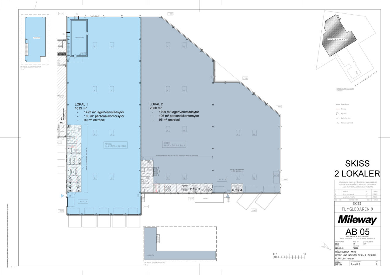 Planritning som visar två kommersiella enheter, Lokal 1 (854 m²) och Lokal 2 (2096 m²), med markerade förråd, kontorsytor och mått; layout av Mileway.