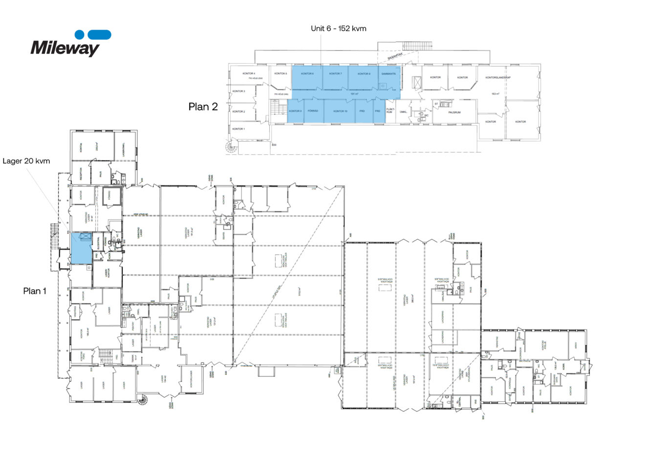 Planritning över en kommersiell byggnad med två våningar märkta Plan 1 och Plan 2; flera rum på Plan 2 är markerade med blått. Mileways logotyp finns i det övre vänstra hörnet.