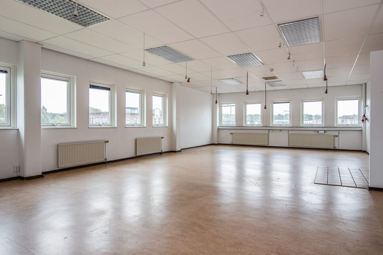 Tomt, omöblerat kontorsrum med flera fönster, vita väggar, takpaneler och gräddfärgat golv; lysrör i taket.