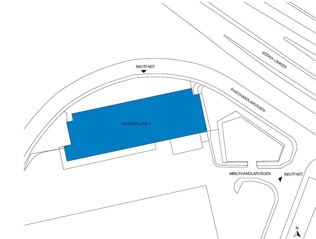 Karta över området där Lagerhallen 2 är markerad i blått, närliggande vägar med namnen Partihandlarvägen och Minuthandlarvägen samt infarts- och utfartsplatser markerade som INFART och UTFART.