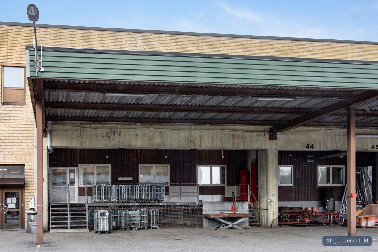 En lastkaj med numrerade lastplatser, metallvagnar och utrustning uppställda under ett grönt metalltält som är fäst vid en tegelbyggnad.