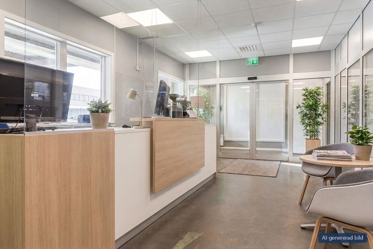 En modern reception på ett kontor med trä- och vita diskar, stolar, krukväxter, glasdörrar, datorer och naturligt ljus som strömmar in genom fönstren.