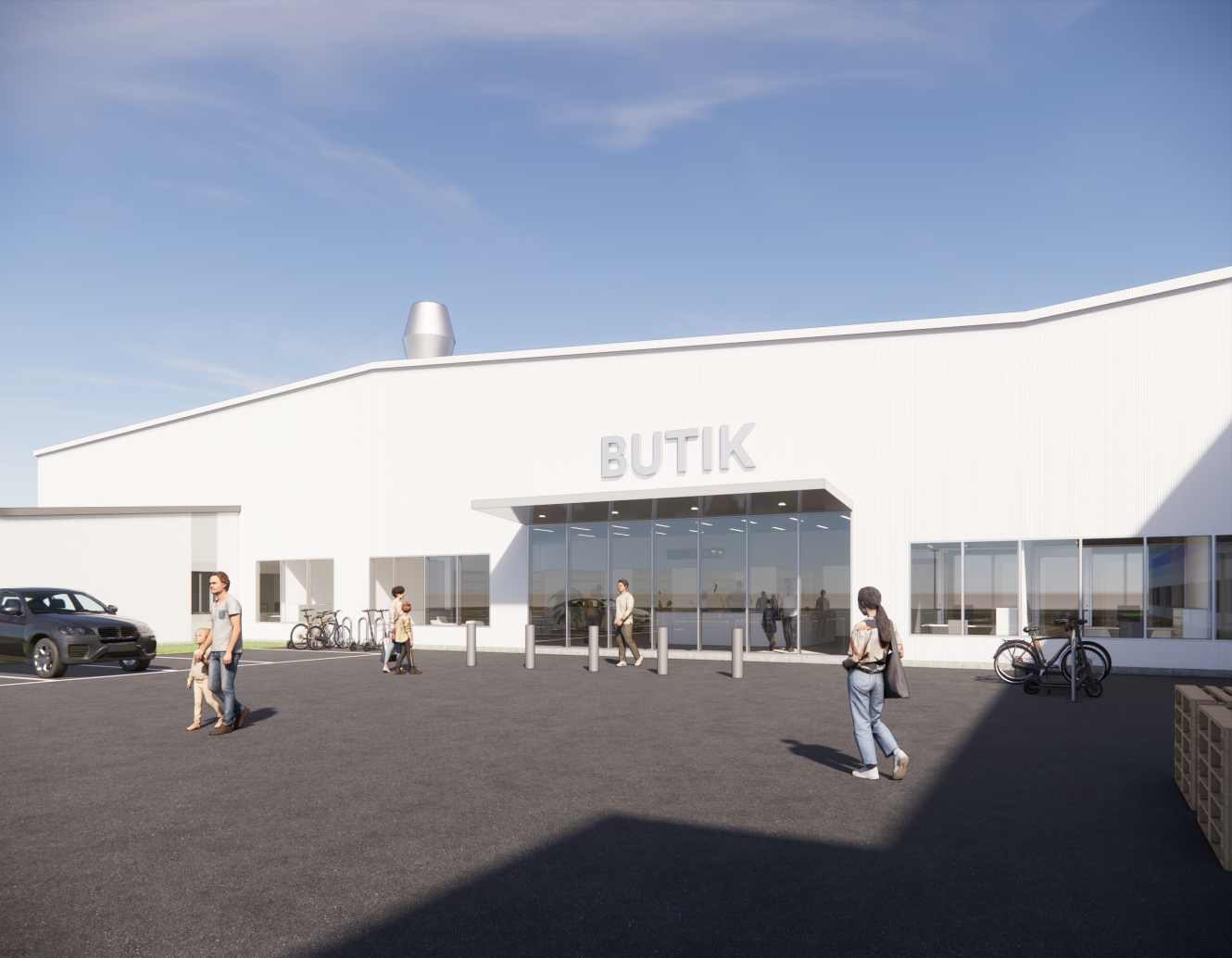 En modern vit byggnad märkt BUTIK med glasentré, flera personer som går utanför, parkerade cyklar och en bil på en solig dag.