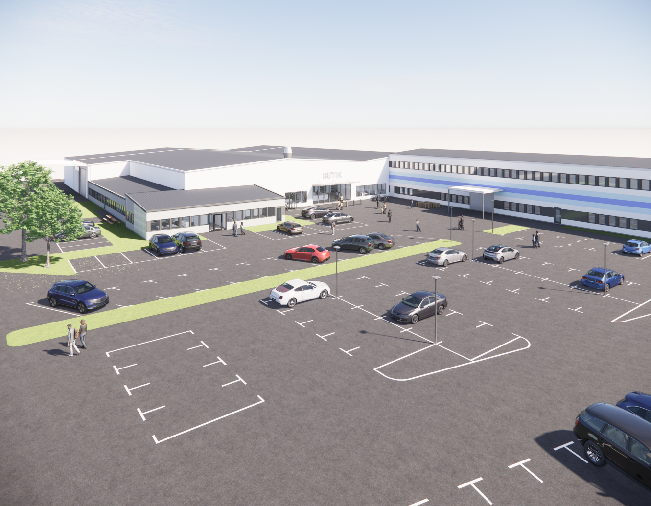 En stor, modern byggnad med platt tak och flera ingångar är omgiven av en rymlig parkeringsplats med flera fordon och människor som går.