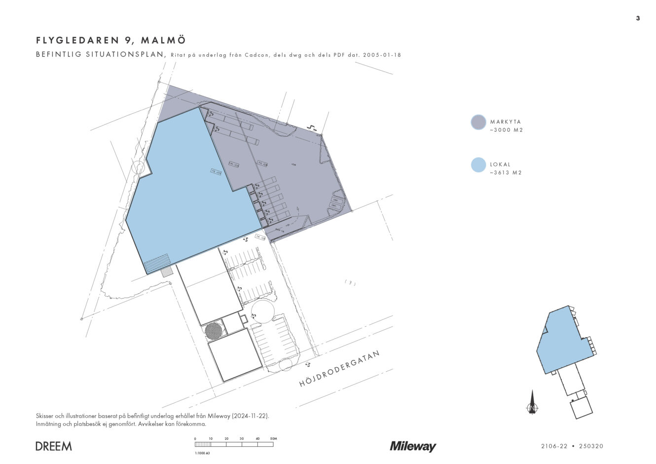 Situationsplan över Flygledaren 9, Malmö, med markerade områden för Markyta (3000 m², ljusblått) och Lokal (2413 m², blått) samt omgivande gator och byggnader markerade.