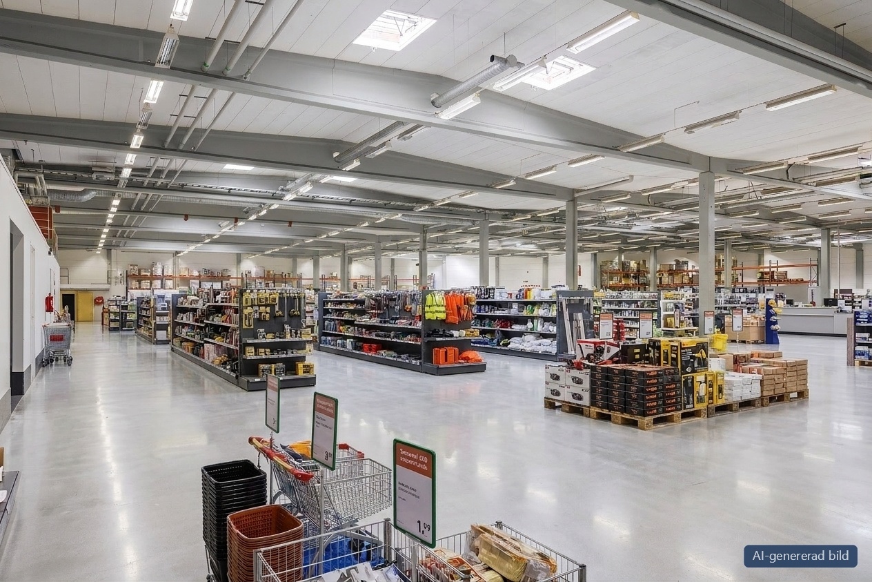 En vid vy över en stor järnhandels butiksinredning med hyllor där verktyg, skyddsutrustning och förbrukningsvaror är utställda under stark belysning.