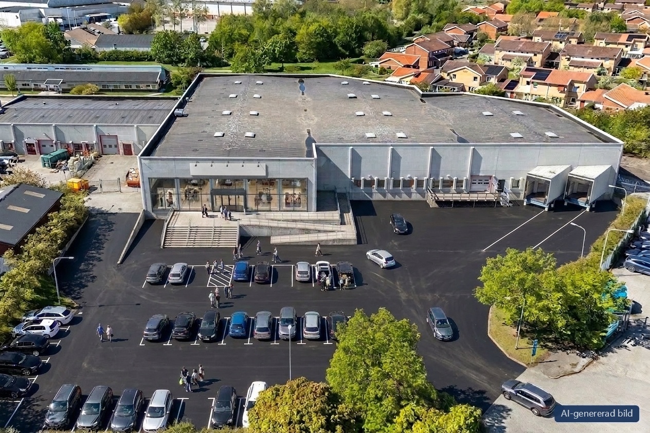 Flygbild över en stor grå byggnad med en parkeringsplats, flera parkerade bilar och människor nära ingången; området omges av hus och träd.