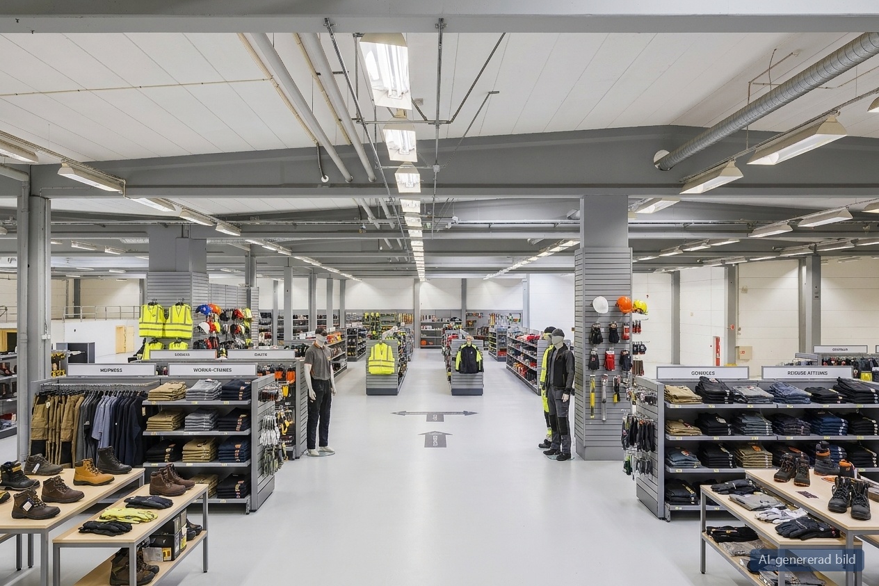 En stor, väl upplyst butiksmiljö med rader av hyllor där skor, kläder och arbetskläder är överskådligt uppställda.