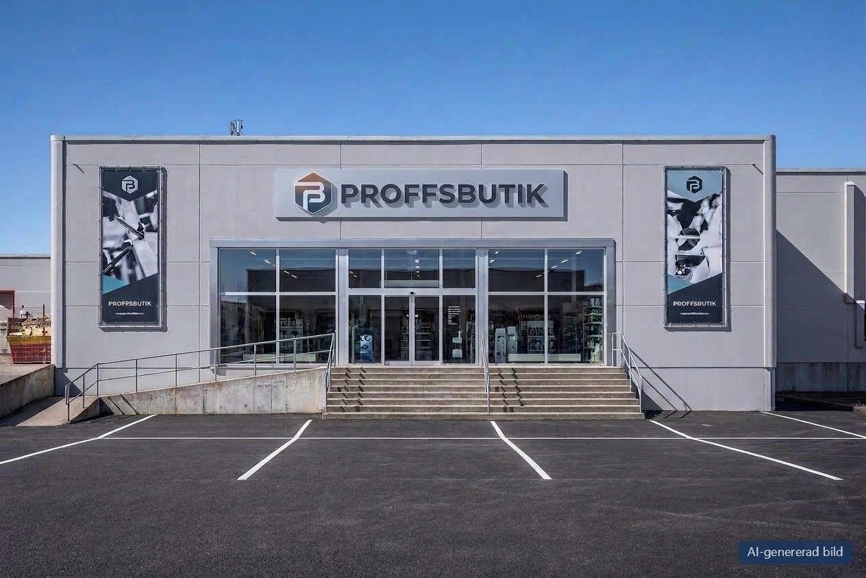 Stor grå affärsbyggnad med skylten ”PROFFSBUTIK”, ingångsdörrar av glas och två vertikala banderoller på vardera sidan; tomma parkeringsplatser framför byggnaden.