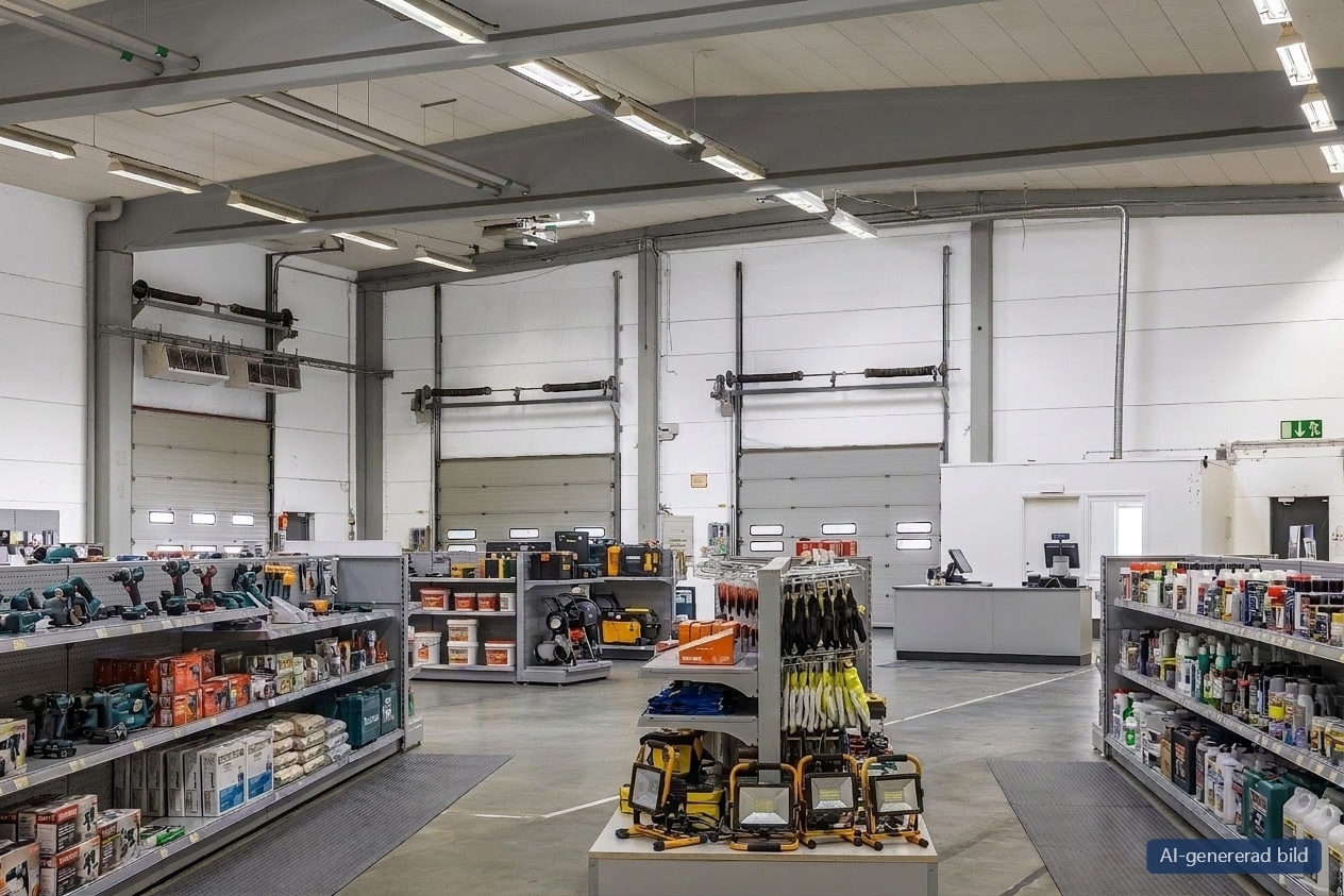 Interiör från en järnhandel med hyllor fyllda med verktyg, färgburkar och utrustning; i bakgrunden syns stora garageportar och en kassa.