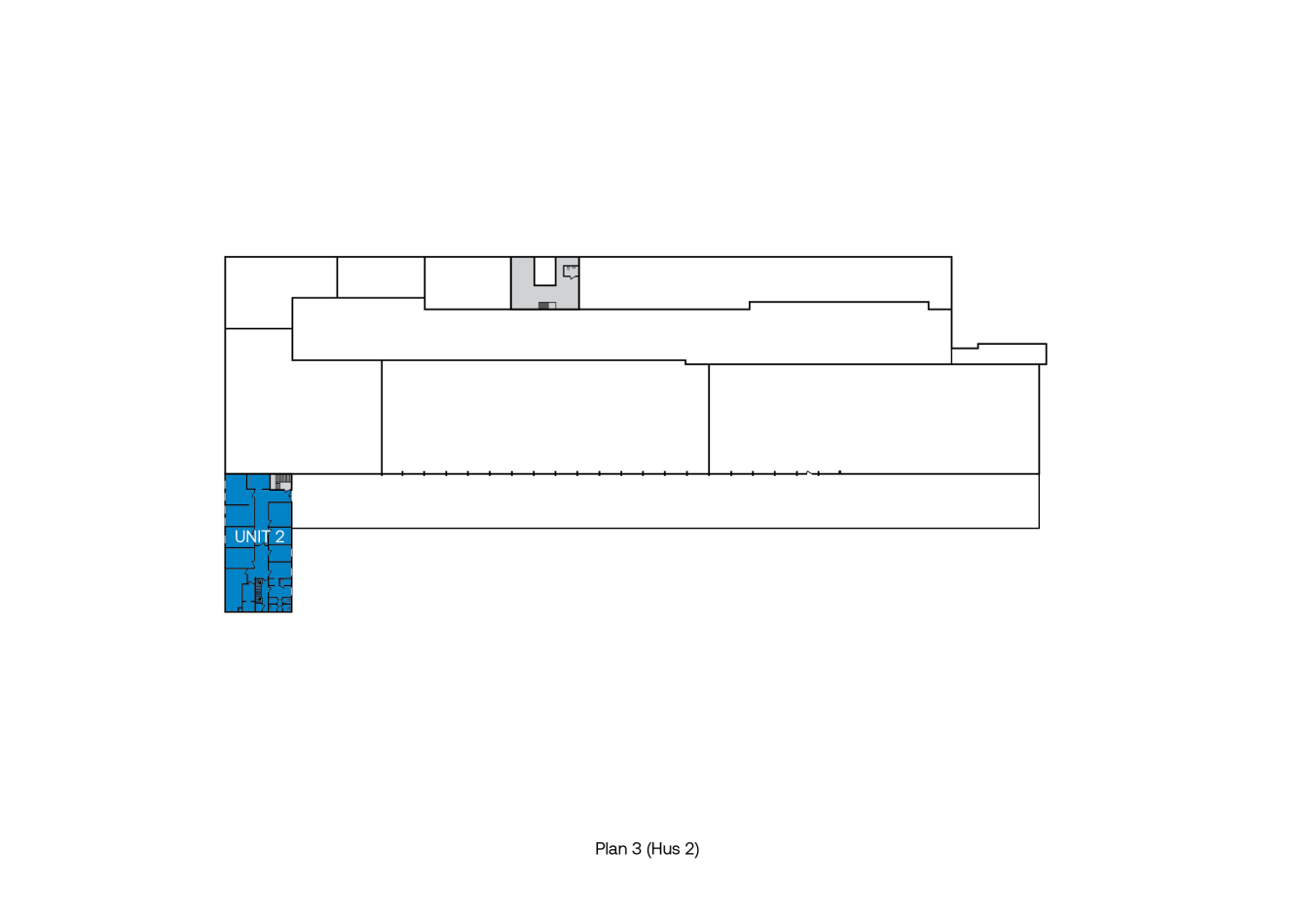 Planritning som markerar UNIT 2 i blått på vänster sida av ritningen, resten av byggnaden visas i vitt. Texten längst ner lyder Plan 3 (Hub 2).