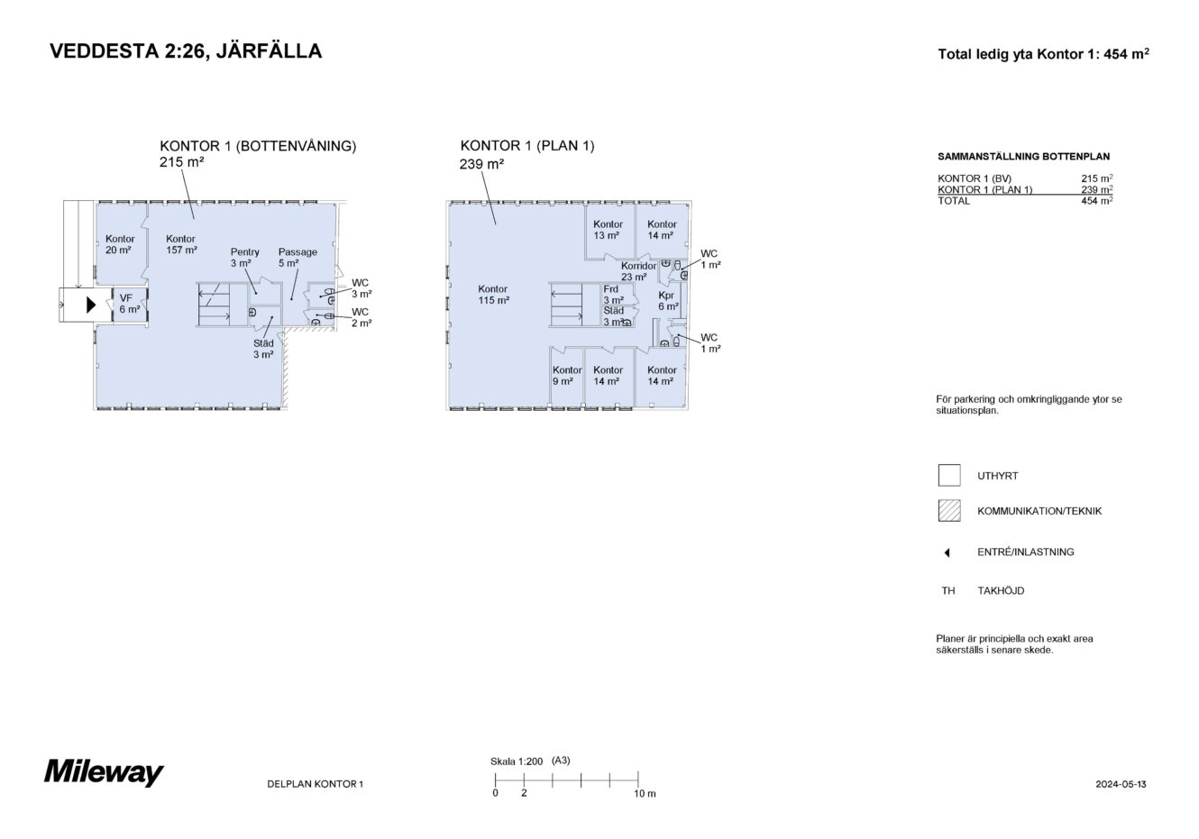 Planritning för Veddesta 2:26 i Järfälla som visar två kontorsplan (215 m² och 239 m²) med märkta rum, entréer och faciliteter. Total kontorsyta: 1.454 m².