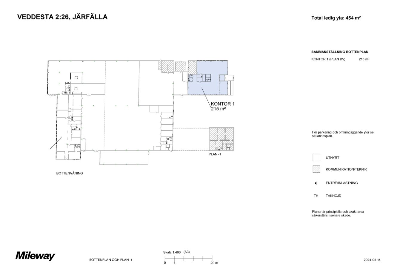 Planritning över en kommersiell fastighet i Veddesta, Järfälla, som visar tillgänglig kontorsyta om 215 m² på plan 1 och en total tillgänglig yta om 454 m².