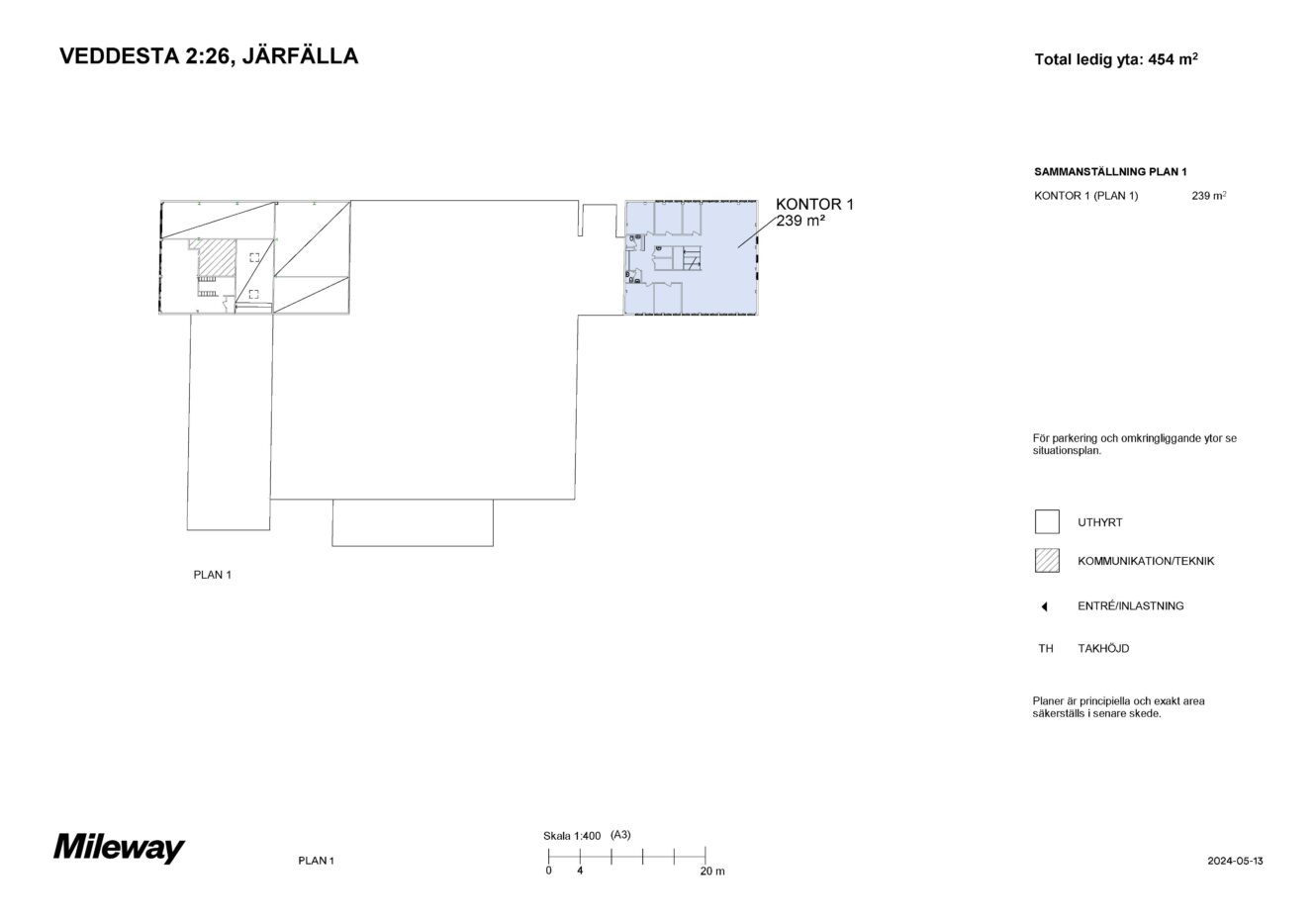 Planritning över Veddesta 2:26, Järfälla utvisande kontorslokal (KONTOR 1) om 229 m² med markerade ytor för teknikutrymmen, entré och kommunikation. Total tillgänglig yta är 454 m².