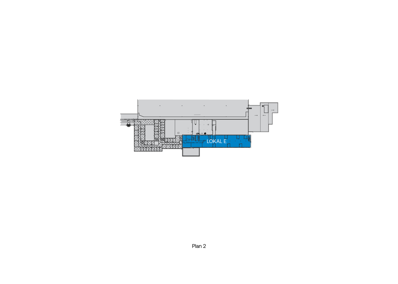 Arkitektonisk planritning märkt "Plan 2" med en sektion markerad i blått och märkt "LOKAL E" nära mitten till höger.