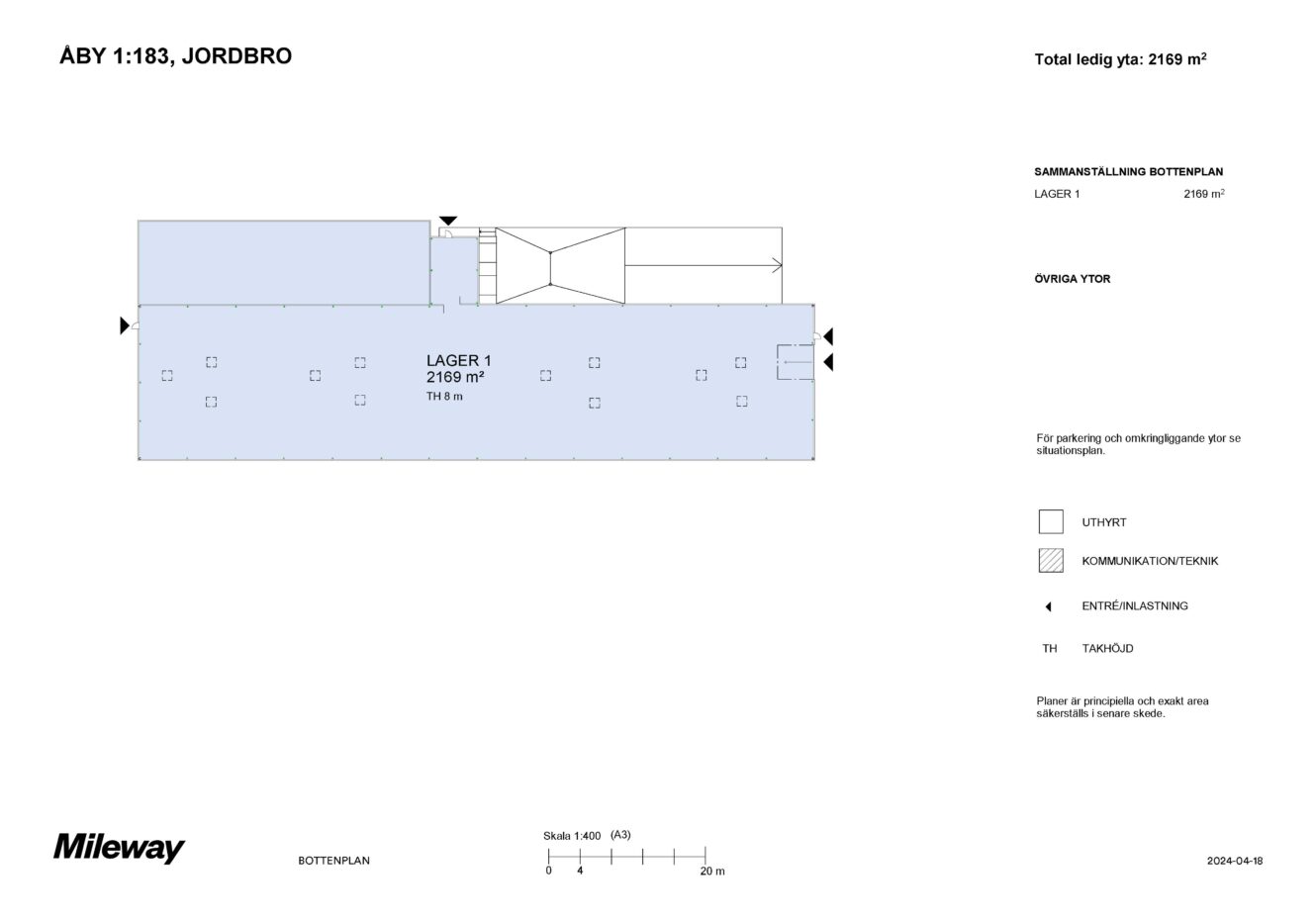 Planritning över en lagerlokal med beteckningen Lager 1 och en total yta på 2169 m², med ingångar, utgångar, kommunikationsvägar och tekniska utrymmen.