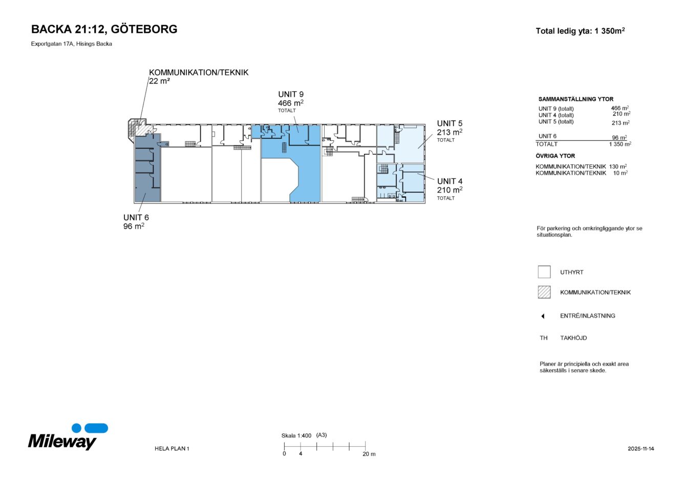 Planritning över Backa 21:12, Göteborg, som visar tillgängliga enheter med storleksetiketter och färgkodade områden för tekniska och uthyrda utrymmen.