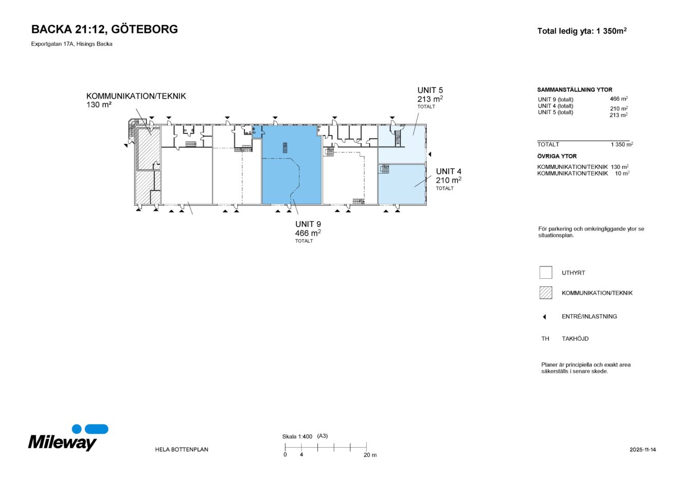 Planritning över Backa 21:12, Göteborg, som visar fyra enheter, gemensamma teknikutrymmen och totalt 1350 m², med ytor markerade i m².