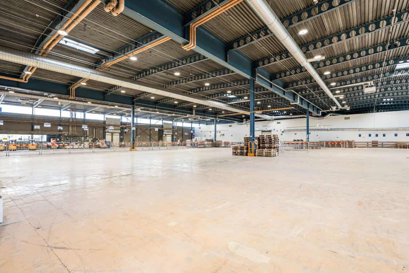 Rymlig, tom industrilokal med högt i tak, synliga elrör och utspridda lastpallar längs bakväggen.