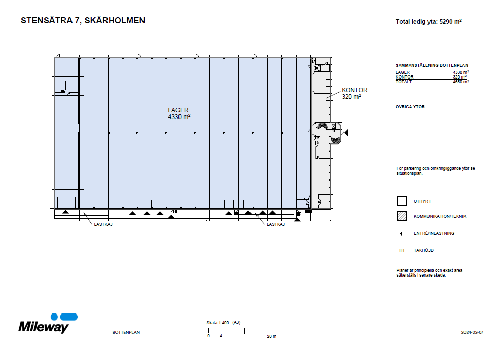 Planritning över en lagerlokal på Stensätra 7, Skärholmen, med 4330 m² lageryta, 330 m² kontor, lastkajer samt markerade entré-, parkerings- och serviceytor.