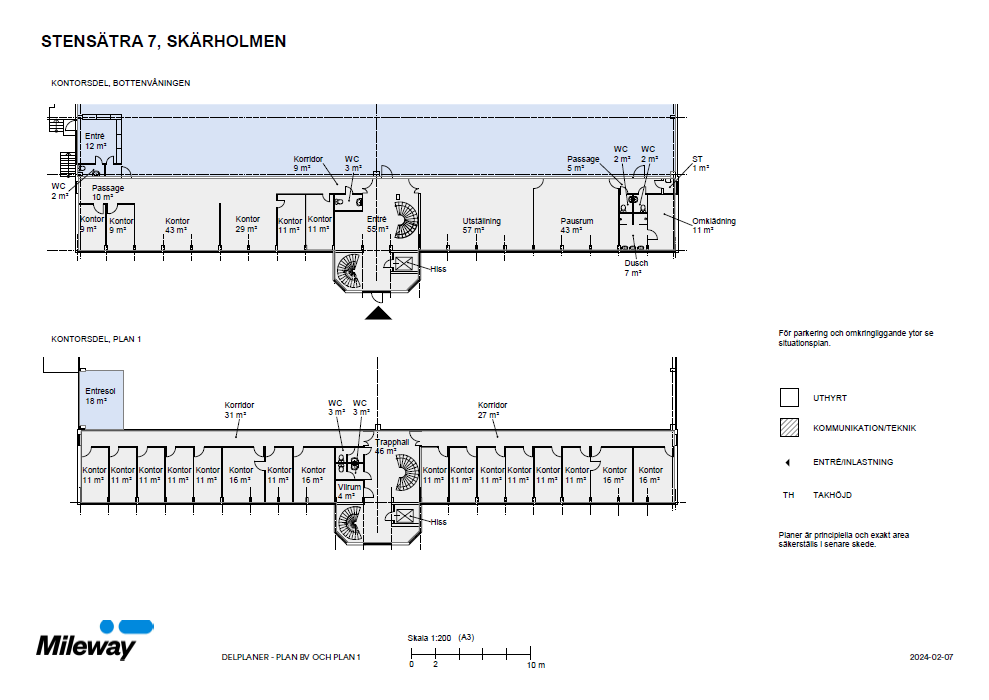 Planritning över Stensätra 7, Skärholmen, som visar två plan med markerade rum, entréer, WC, tekniska utrymmen och parkeringsinfo, märkt på svenska. Mileways logotyp i nedre vänstra hörnet.