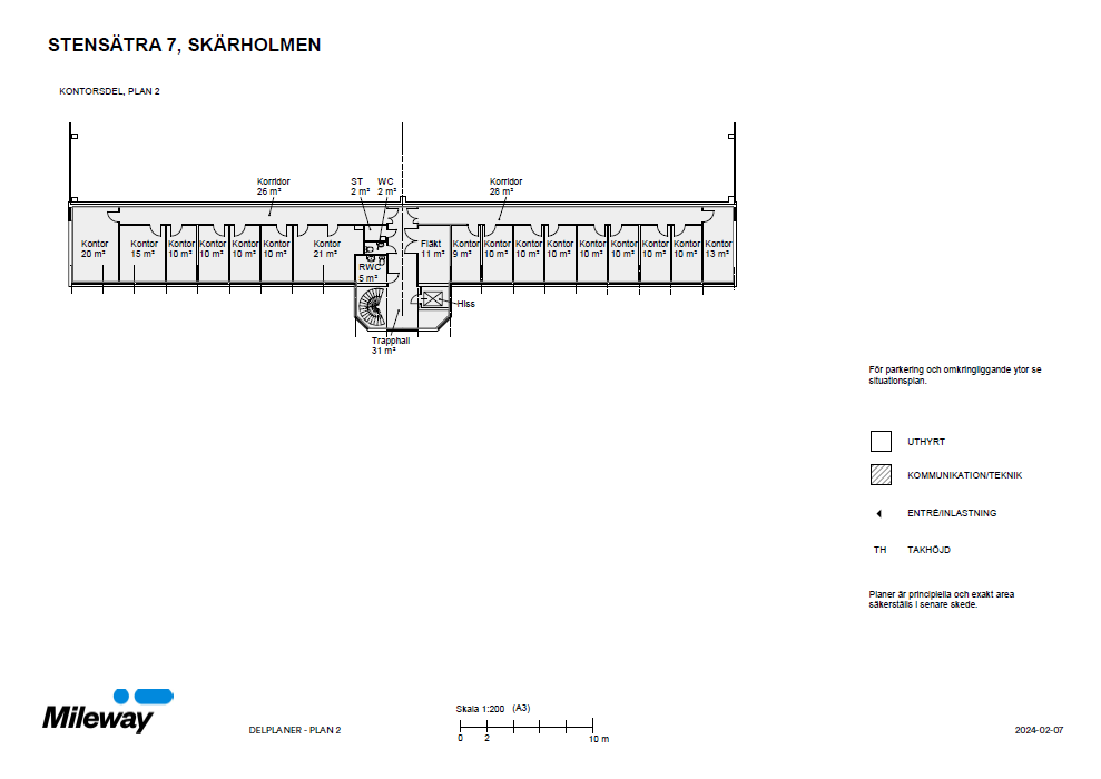 Arkitektonisk planritning märkt STENSÄTRA 7, SKÄRHOLMEN som visar lägenhetsindelning, mått och teckenförklaring för ledningar och entréer. Mileways logotyp längst ner till vänster.