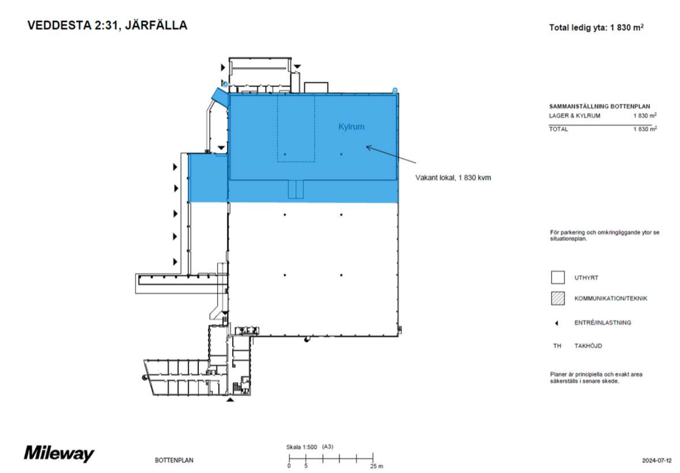 Planritning över ett lagerområde i Järfälla, med en markerad del som visar 1.830 m² tillgängligt utrymme märkt Kylrum.