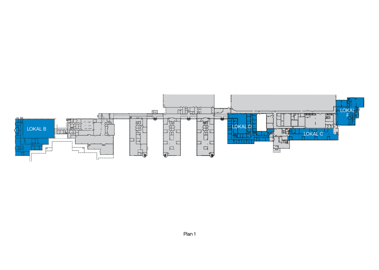 Arkitektonisk planritning märkt Plan 1, som markerar flera sektioner märkta LOKAL B i blått på vänster och höger sida av ritningen.