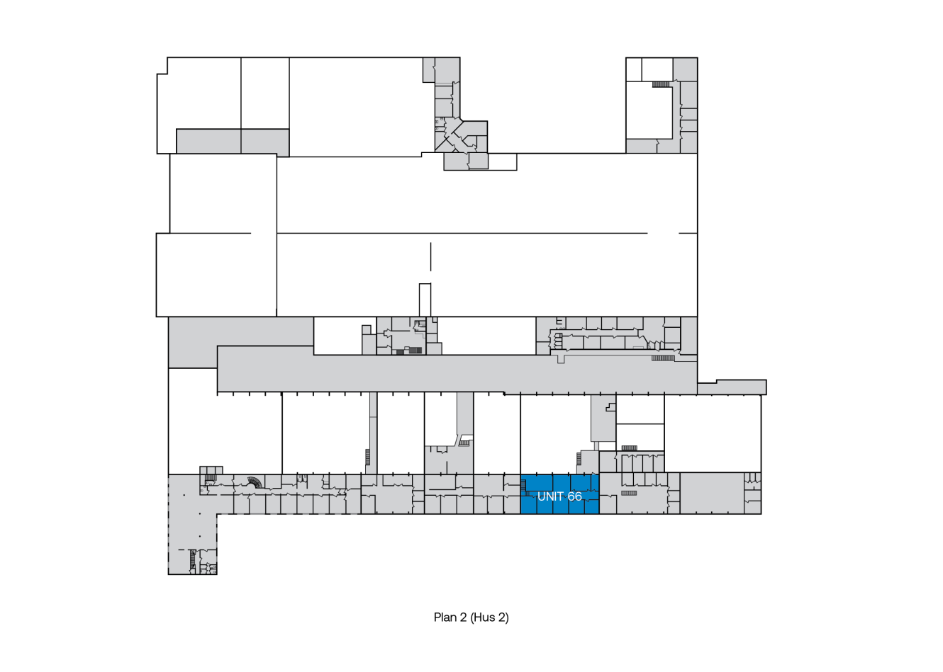 Planritning över en byggnads andra våning med UNIT 66 markerad i blått nära planritningens nedre mitt.