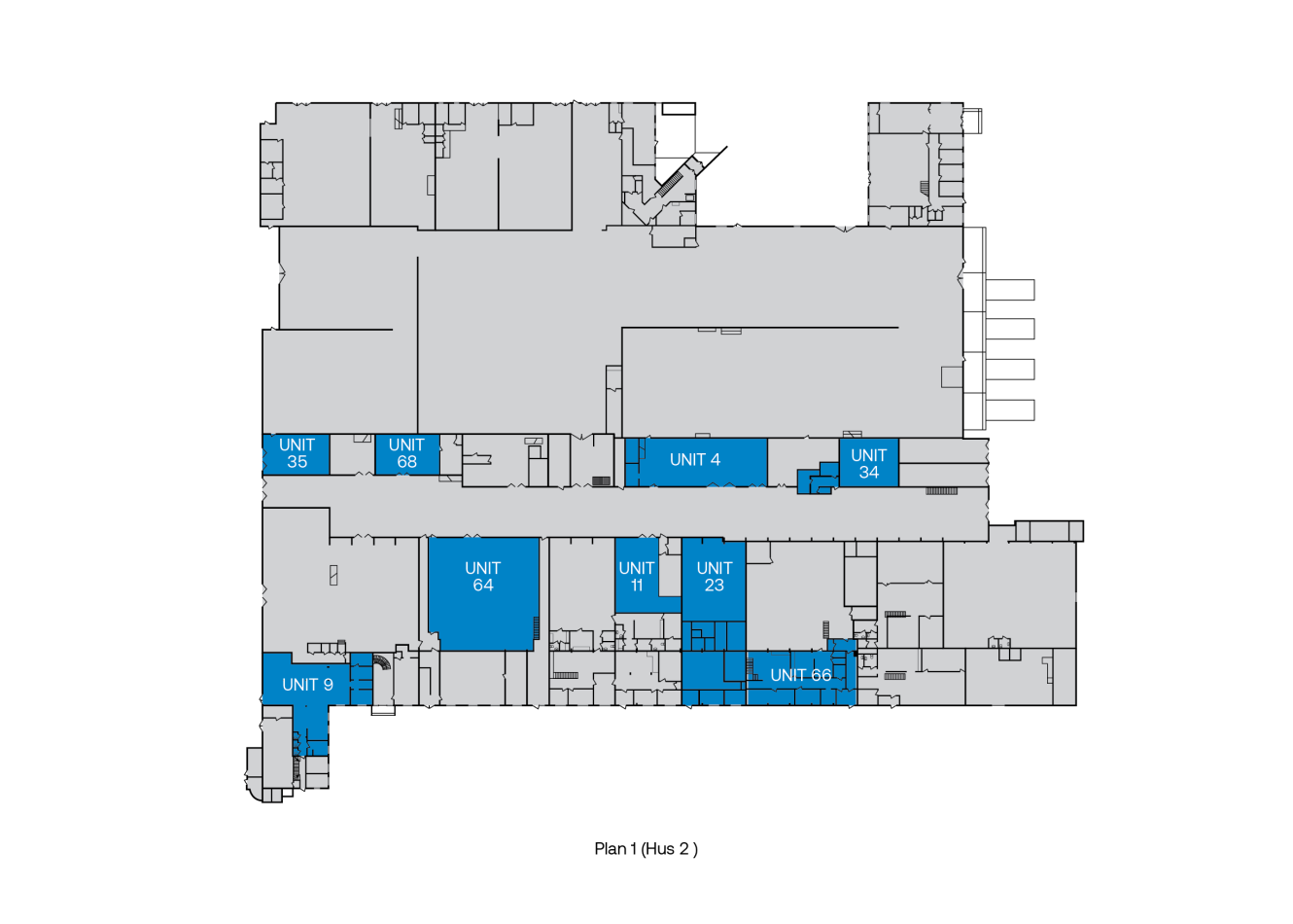 Planritning märkt Plan 1 (Hus 2) som visar olika enheter markerade med blått, inklusive enheterna 35, 68, 64, 9, 4, 34, 11, 23 och 68.