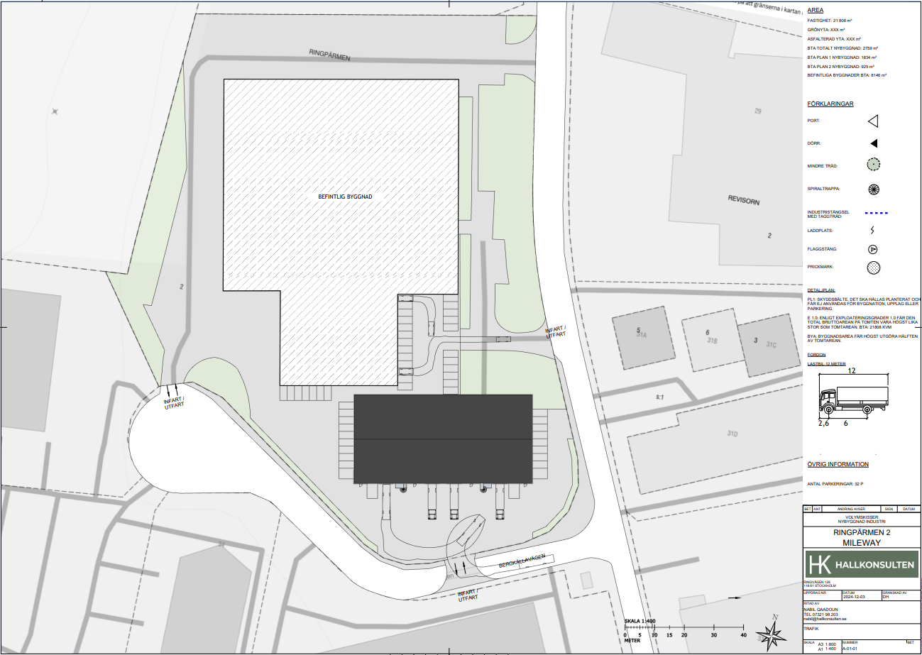 Arkitektonisk situationsplan som visar en stor rektangulär byggnad, intilliggande parkeringsplatser, uppfarter och omgivande gator med markerade tomter och strukturer.