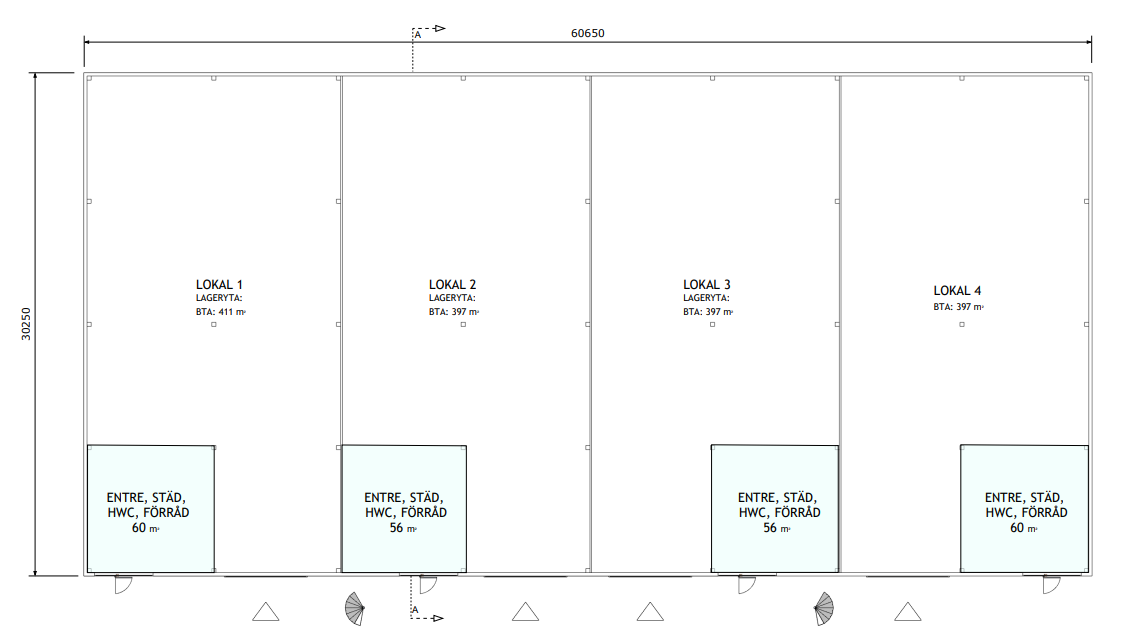 Planritning som visar fyra intilliggande förråd (Lokal 1-4), vart och ett med märkt entré, städutrymme och toalett samt deras respektive ytor i kvadratmeter. Måtten är angivna.