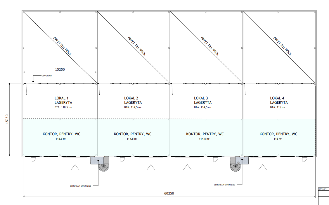 Planritning av en byggnad med fyra märkta lagerlokaler (Lokal 1-4), var och en med kontor, pentry och WC, längs en fasad på 60 250 mm.