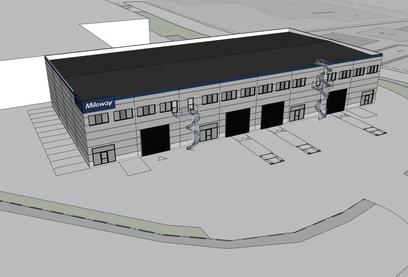 3D-rendering av ett tvåvånings industrilager med fem lastkajer, externa trappor och Mileway-skyltar på fasaden.