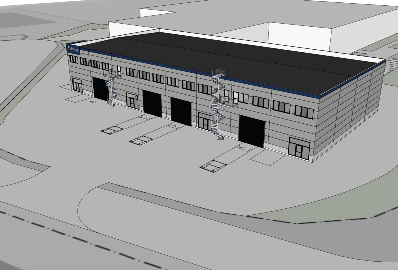 3D-rendering av en modern industriell lagerbyggnad med flera lastkajer, externa trappor och omgivande asfalterade områden.