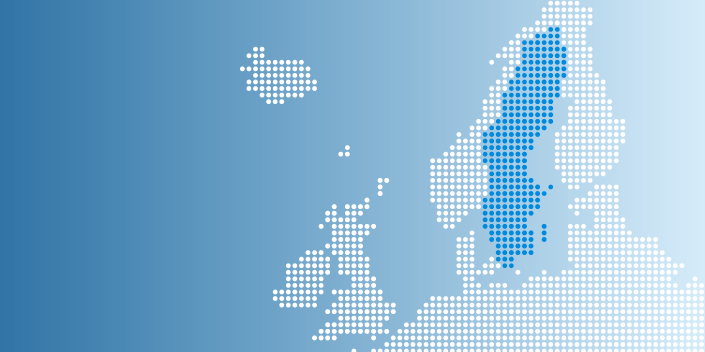 En stiliserad prickig karta över norra Europa med Sverige markerat i blått; omgivande länder visas med vita prickar på en blå bakgrund.