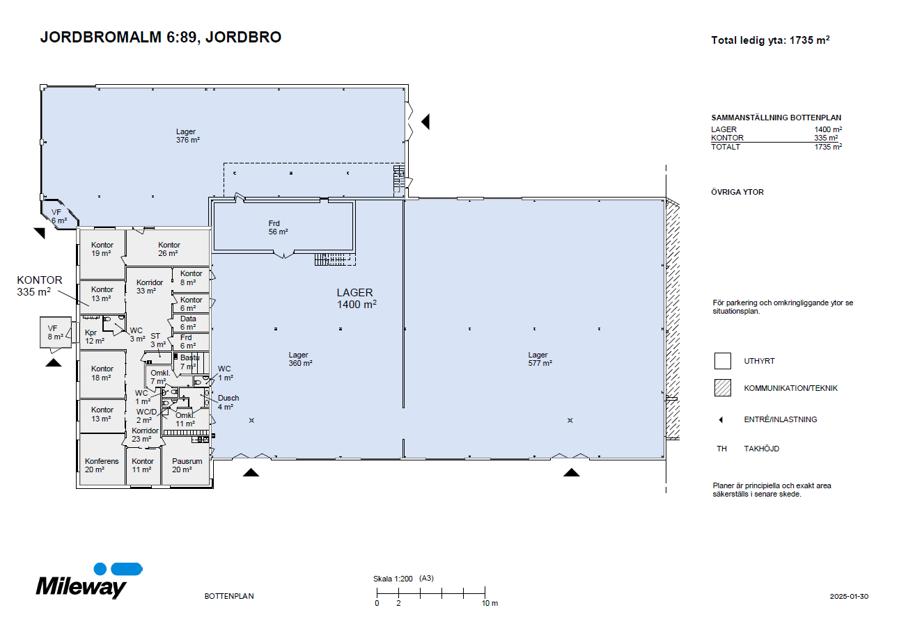 Planritning över en kommersiell fastighet med kontorslokaler (335 m²) och en stor lagerlokal (1.400 m²) med entréer, toaletter och tvättstugor markerade.