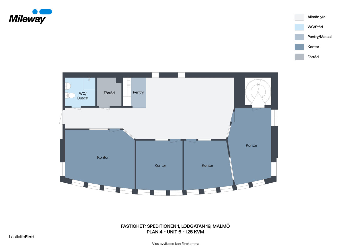 Kontorsritning märkt på svenska som visar allmänna utrymmen, kontor, WC/dusch, skafferi och entré för Speditionen 1, Lodgatan 19, Malmö.