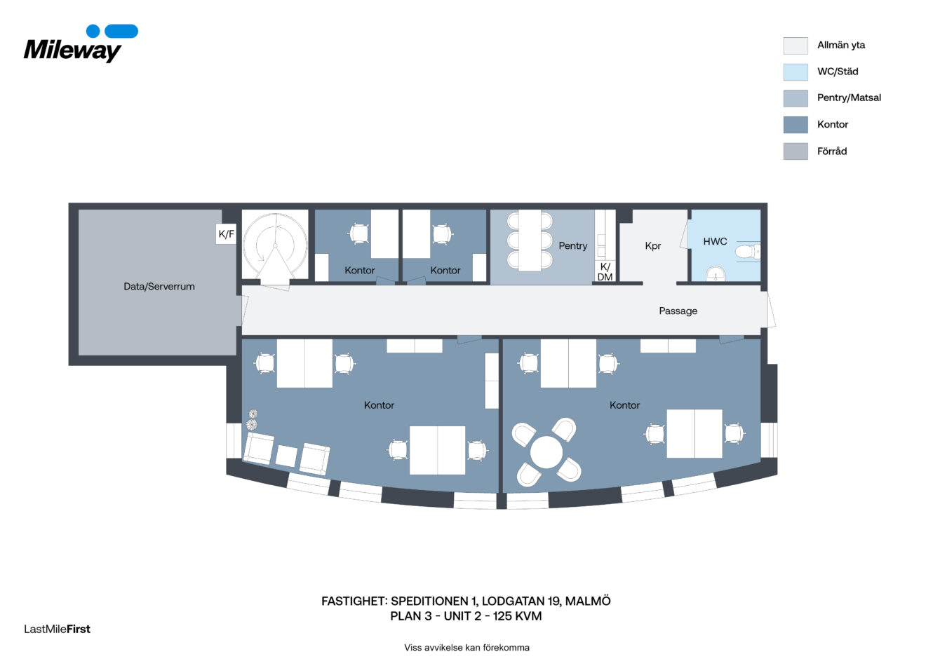 Planritning över en kontorsenhet med märkta rum inklusive kontor, mötesrum, kök, WC, data/serverrum och passage, belägen på Lodgatan 19, Malmö.