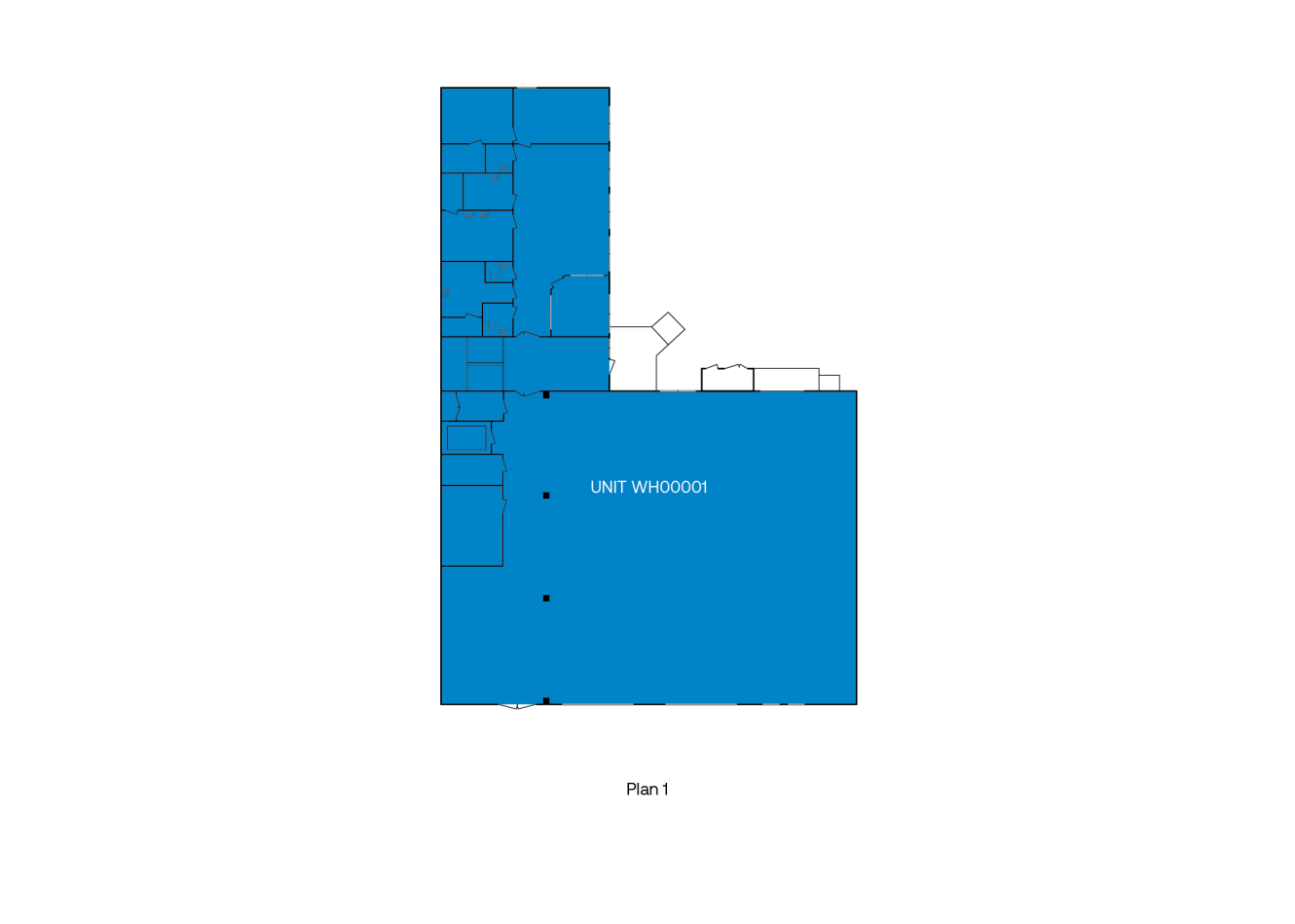 Planritning märkt Plan 1 som visar flera små rum och ett stort centralt område märkt UNIT WH00001, allt skuggat i blått.