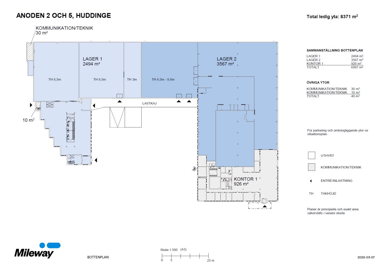 Planritning över Anoden 2 och 5, Huddinge, med två lagerlokaler och två kontorslokaler med ytmått, lastplats, huvudentré och teckenförklaring.