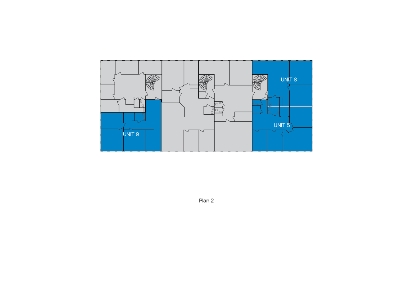 En planritning över en byggnad med tre enheter - ENHET 8, ENHET 9 och ENHET 5 - markerade med blått på höger och vänster sida. Resten av våningen visas i grått.
