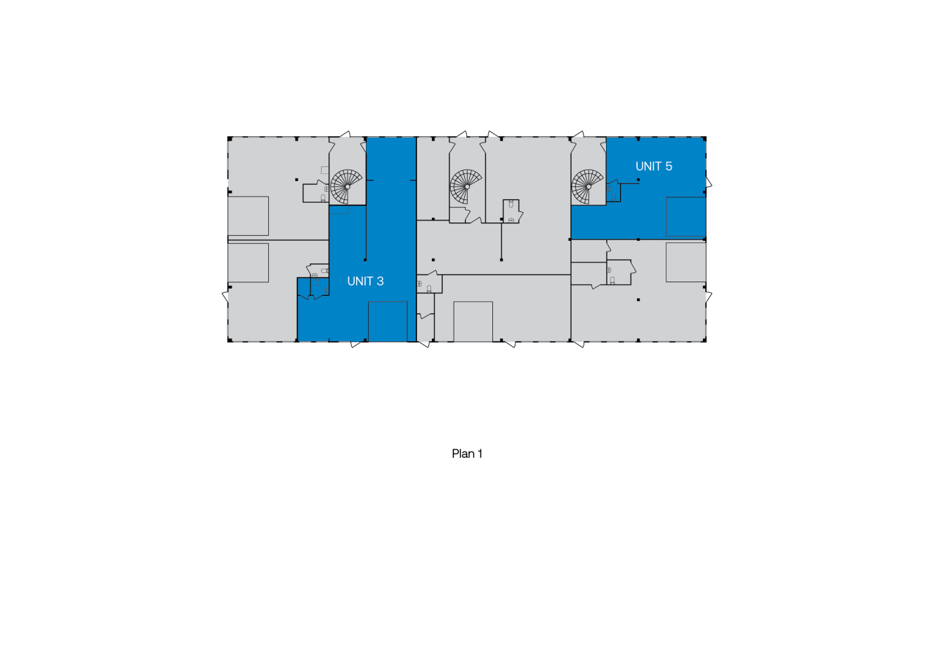 Planritning som visar två markerade enheter, märkta UNIT 3 och UNIT 5, i blått. UNIT 3 är centralt belägen; UNIT 5 ligger i det övre högra hörnet av planen.