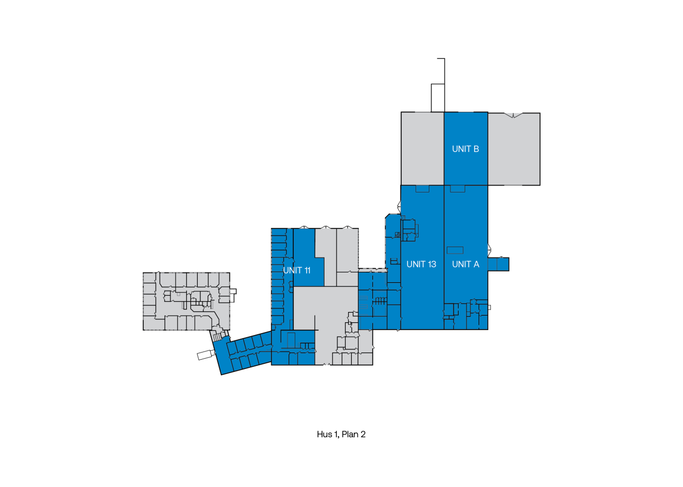 Planritning märkt Hus 1, Plan 2 med lägenheterna A, B, 11 och 13 markerade med blått. Övriga ytor visas i grått.