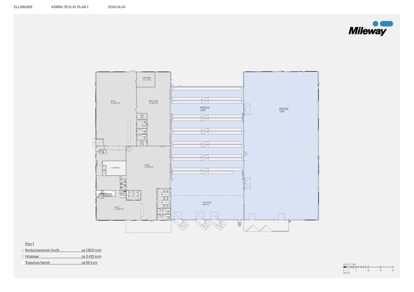Planritning som visar kontors- och lagerutrymmen, toaletter, tekniska rum och ett stort lagerområde som är skuggat i blått; märkt "Mileway" uppe till höger.