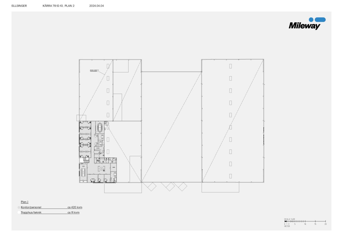 Arkitektonisk planritning märkt Plan 2 för en byggnad, som visar rumsindelning, trapphus och korridorer med Mileways logotyp i övre högra hörnet.