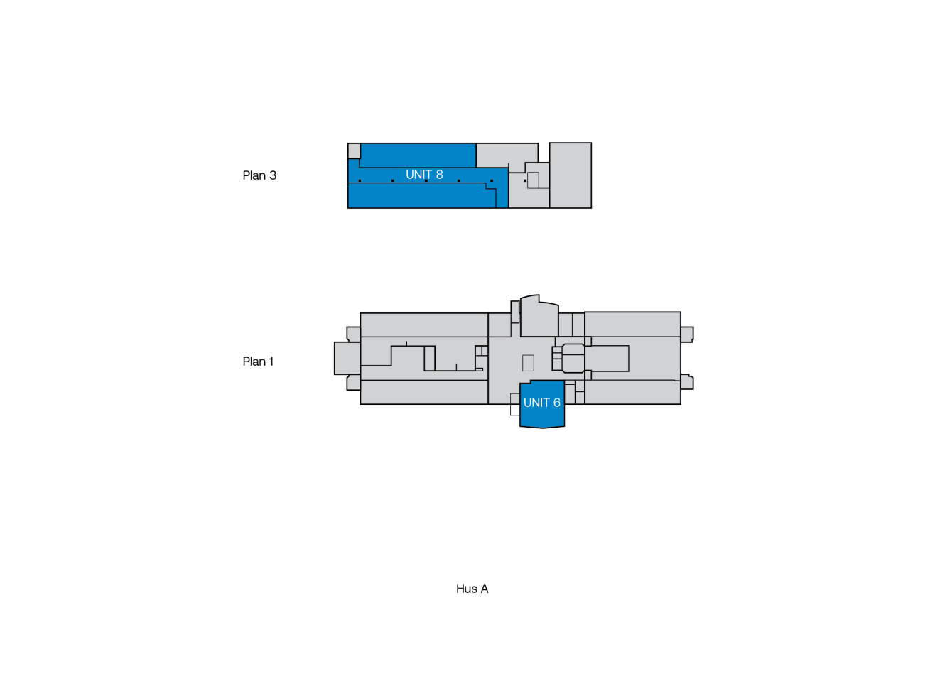 Planritning över Hus A som visar Unit 6 på Plan 1 och Unit 8 på Plan 3, båda markerade med blått på grå bakgrund.