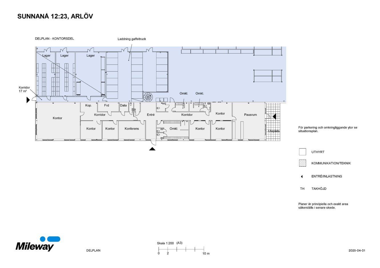 Planritning över en kommersiell byggnad med märkta rum inklusive kontor, förvaring, kök, toalett och lastutrymmen; inkluderar legend och skala längst ner.
